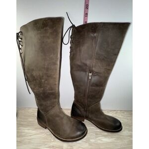 Diba True Brown Leather Tall Riding Boots Women's 8.5 Lace Up Back Zip Western